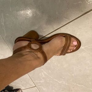 Bernardo Brown Leather Ring-Accent Block Heel Sandals
